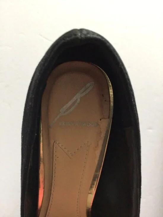 B. Brian Atwood Black Suede Point Toe Pumps. Gold Caged Block heels. Size 6 - Picture 4 of 7
